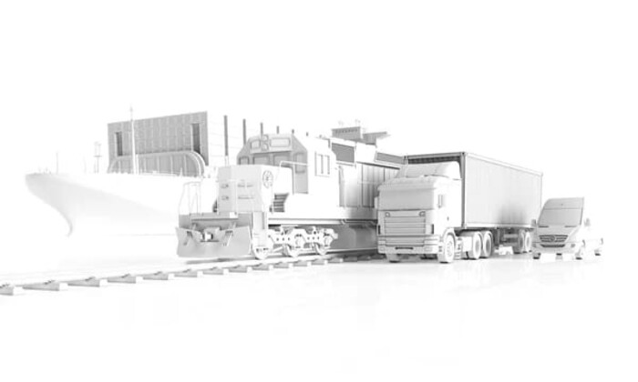 Transportfahrzeuge: Containerschiff, Zug, LKW, Transporter